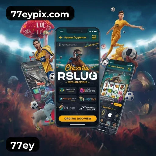 App 77ey para iOS e Android — interface mobile, login biométrico e PIX integrado